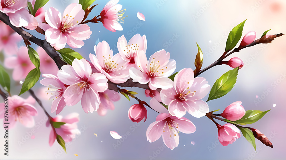 Spring greeting fresh blooming flower, leaves watercolor cherry blossom, holiday season wedding celebration design. floral frame, spring background banner. ai
