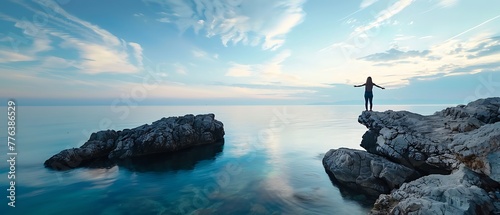 Woman with outstretched arms enjoying the wind and breathing fresh air on top of a rocky mountain beach. Generative AI