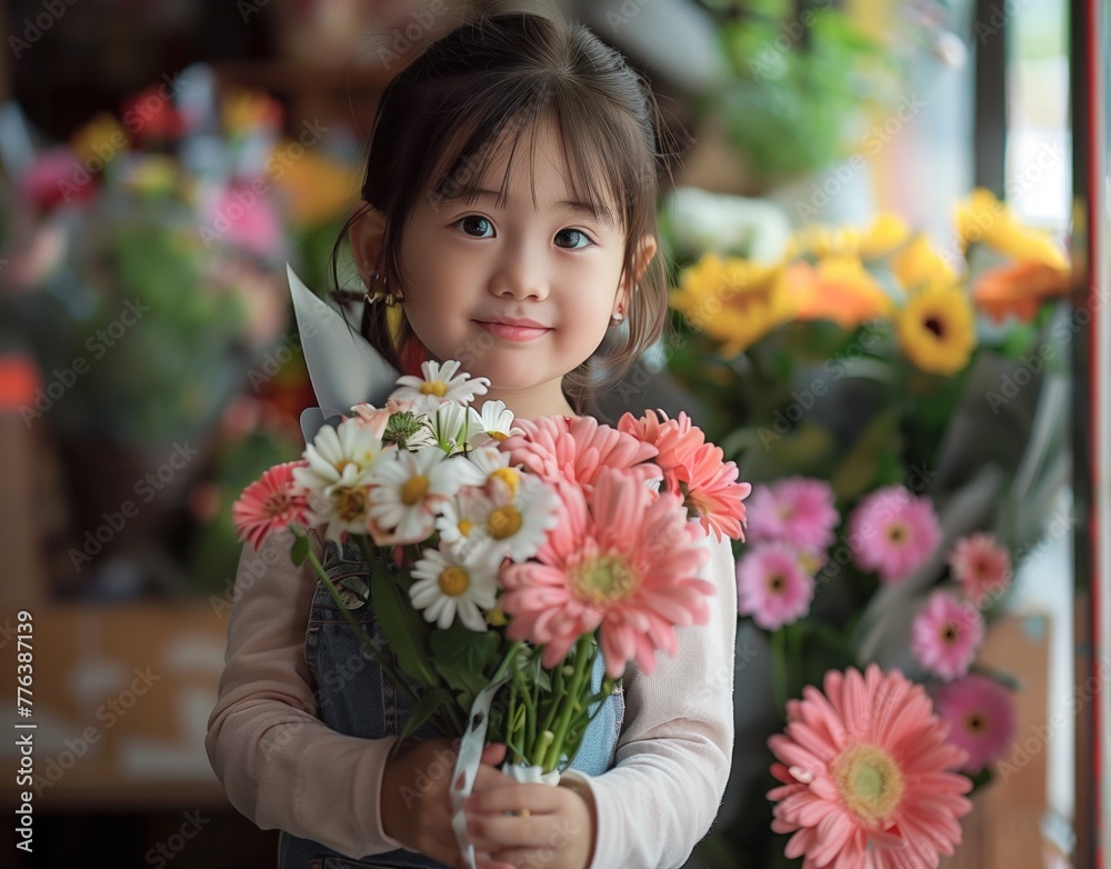 A young girl is standing in a flower shop, holding a bouquet of flowers