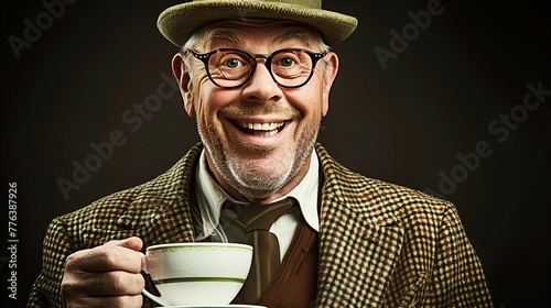 Happy English gentleman in decent woolen coat and hat drinking English tea on black background.