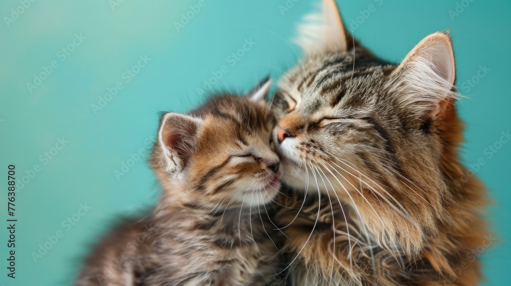 Fluffy cat kisses her kitten. Mother's Day concept. Fluffy cat kisses her kitten. Mother's Day concept.