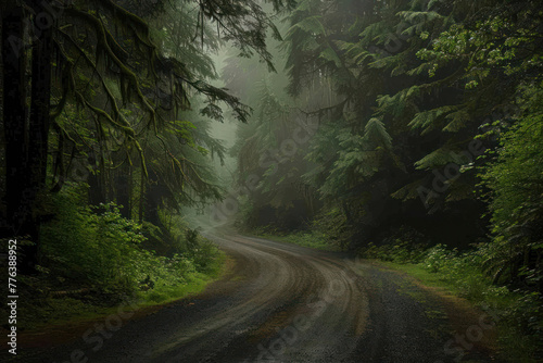 Misty forest road winding through towering green trees.