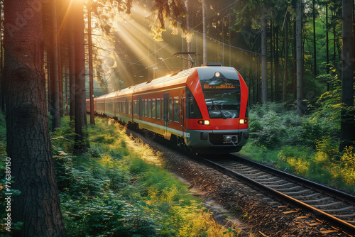 modern red train on the railway, summer time, forest and green grass around it