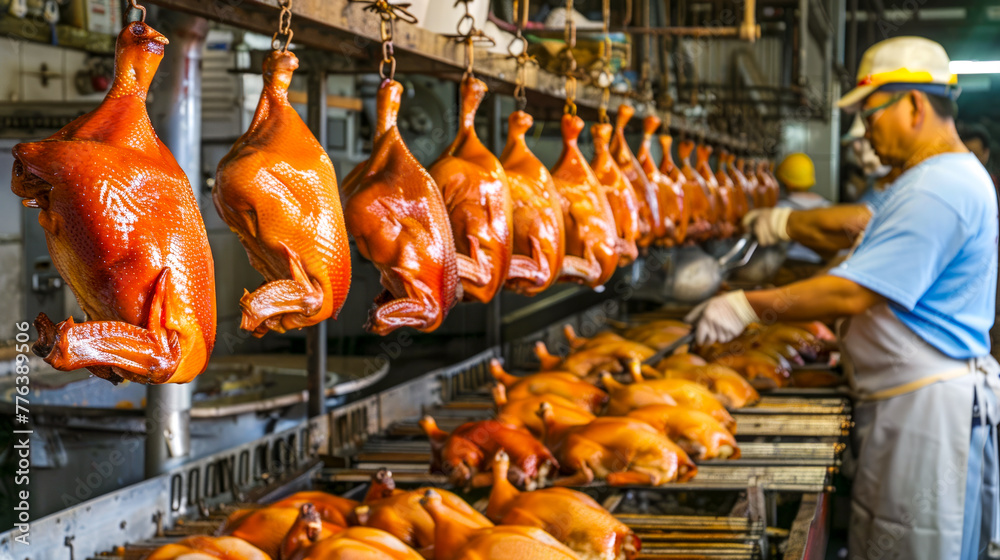 Chicken Eating Line Man standing in front of line of chicken hanging from line. Stock Photo ...