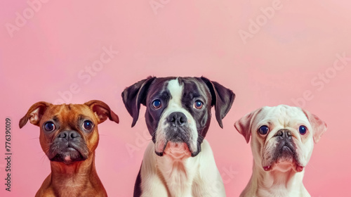 Trio of adorable dogs on pink background