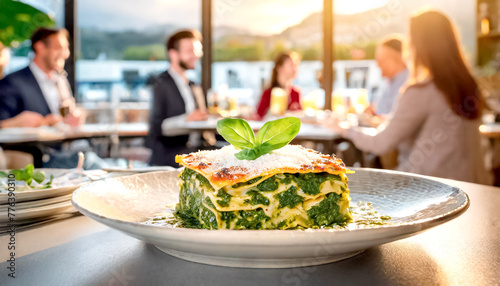 Lasagne mit Spinat im Hintergrund ein Restaurant mit Gästen  © Sina Ettmer