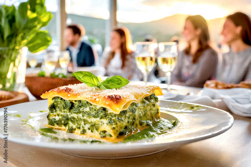 Lasagne mit Spinat im Hintergrund ein Restaurant mit Gästen Lasagne mit Spinat im Hintergrund ein Restaurant mit Gästen