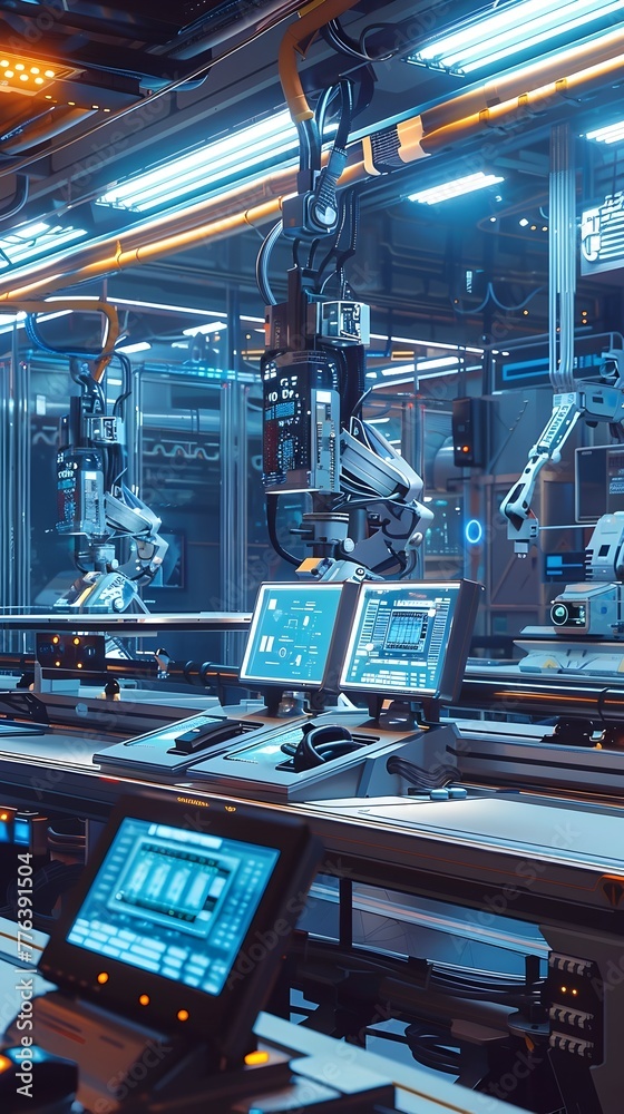 Decentralized Futuristic Manufacturing Facility with Robotic Arms D Printers and Digital Payment Terminals in a High Tech Clean Room Setting Decentralized Futuristic Manufacturing Facility with Robotic Arms D Printers and Digital Payment Terminals in a High Tech Clean Room Setting