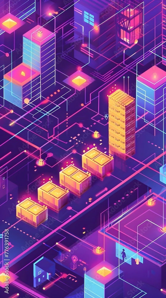 Fototapeta premium Decentralized Supply Chain and Payment Flow Vibrant Animated Visualization of Seamless Digital Transactions and Logistics Automation