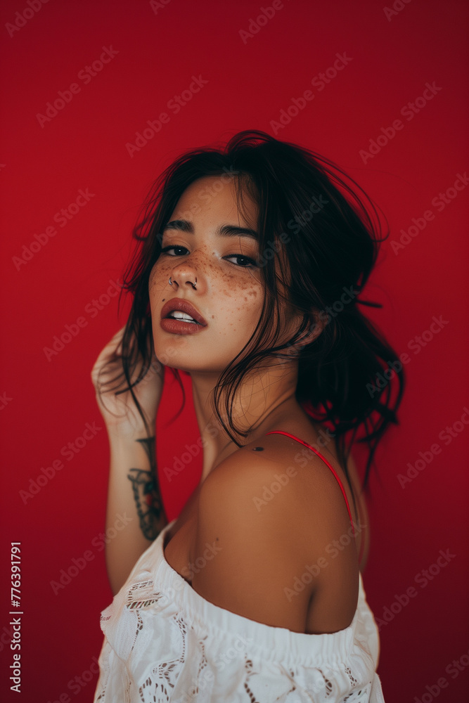 Fototapeta premium attractive woman red background