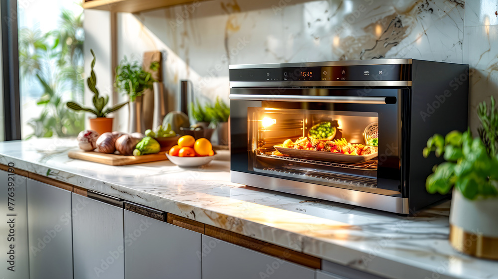 Oven with food cooking inside of it on counter top next to bowl of fruit and vegetables. Oven with food cooking inside of it on counter top next to bowl of fruit and vegetables.