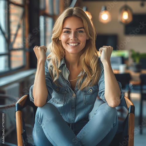 Woman, mature, winning gesture, new job, leader