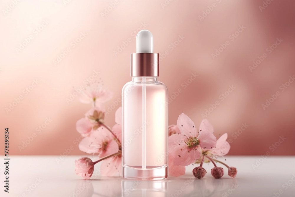 pipette bottle on pink blurred background with sakura blossom petals. pipette bottle on pink blurred background with sakura blossom petals.