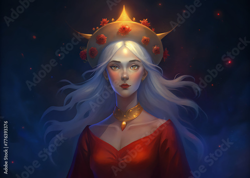 White-haired woman in red dress and gold-detailed hat, influenced by various artists and art styles.