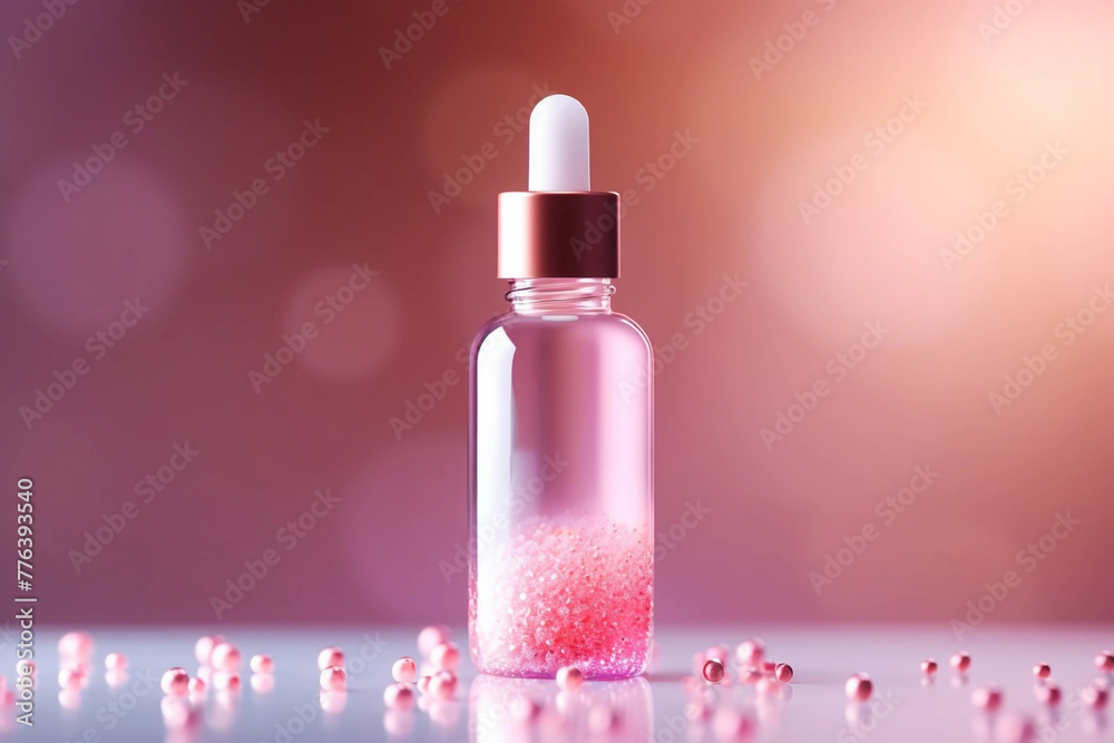 pipette bottle on pink blurred background with bokeh with glitter pipette bottle on pink blurred background with bokeh with glitter