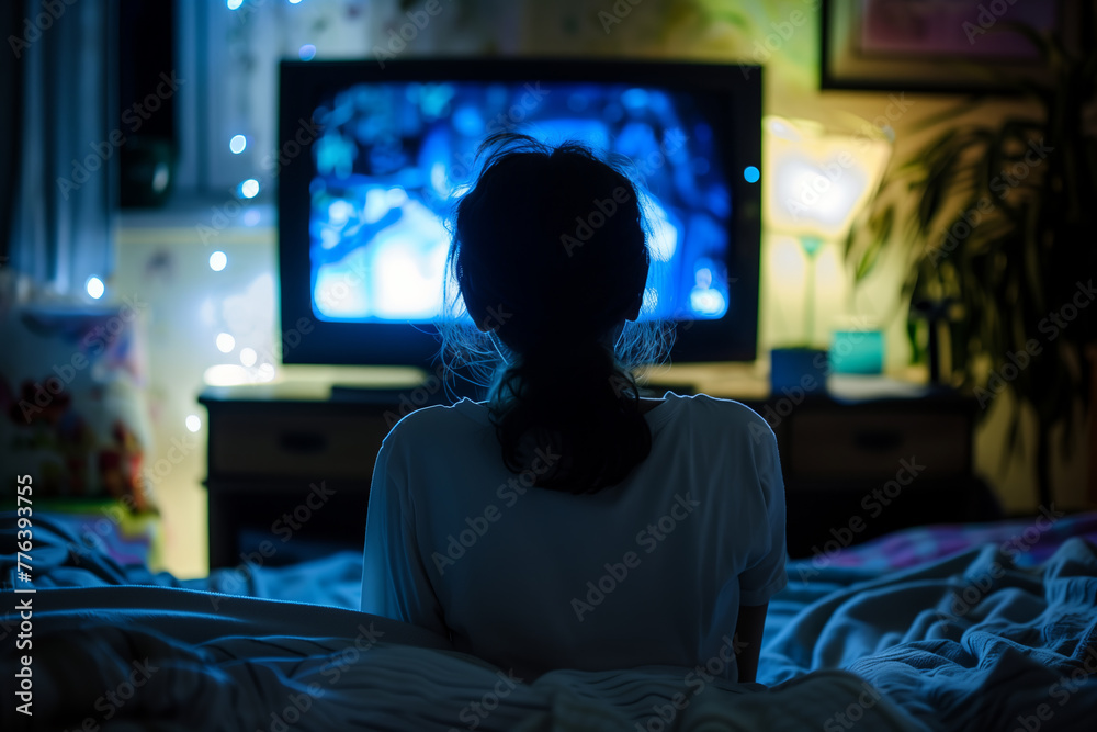 A young woman cannot sleep at home and watches TV until late. Insomnia concept. A young woman cannot sleep at home and watches TV until late. Insomnia concept.