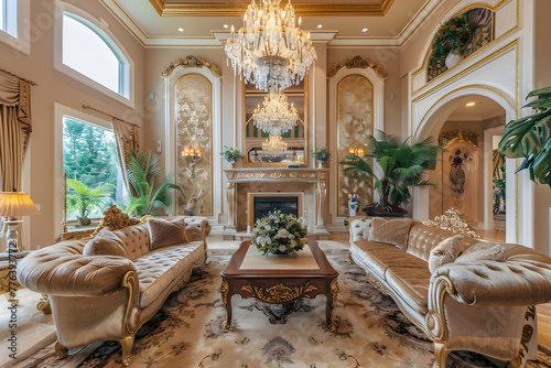 Luxe Interior Design: Grand Chandelier and Velvet Sofa in Sumptuous Living Room
