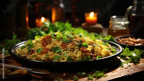 Wholemeal spaghetti with pesto UHD Wallpaper