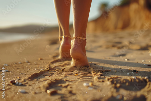 Woman's legs with an metallic golden anklet shimmering in the sunlight on a sandy beach. Generative AI
