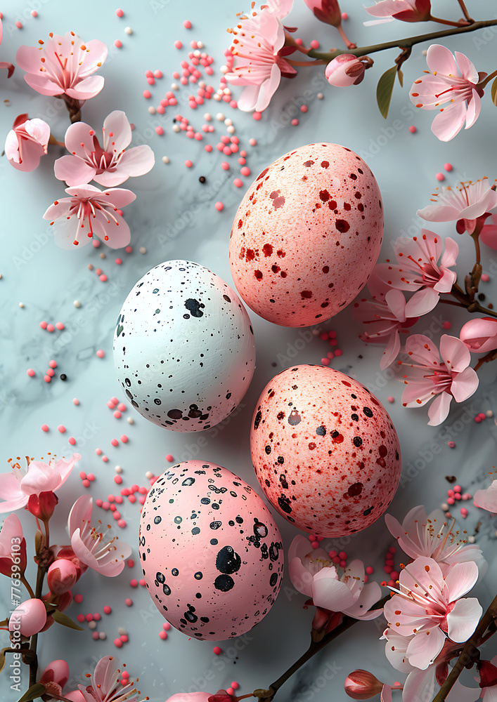 Easter greeting card, easter eggs, spring blossom postal card standart 105:148
