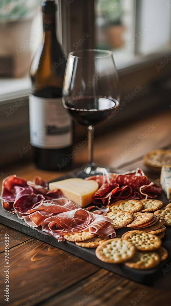 Gourmet Wine and Prosciutto with Cheese and Crackers Gourmet Wine and Prosciutto with Cheese and Crackers