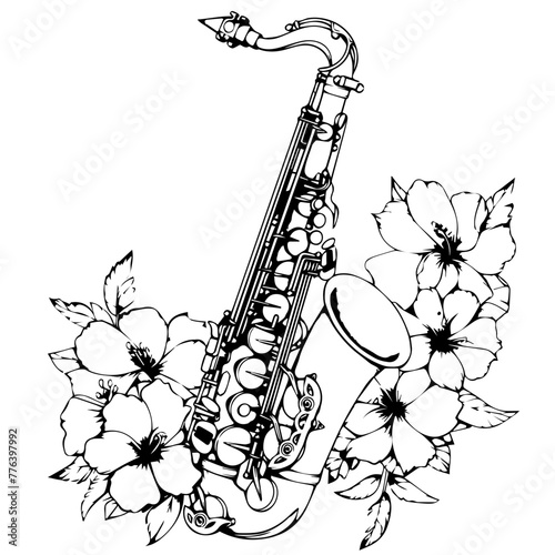 Saxophone with Hibiscus Flowers Black Vector Line Art
