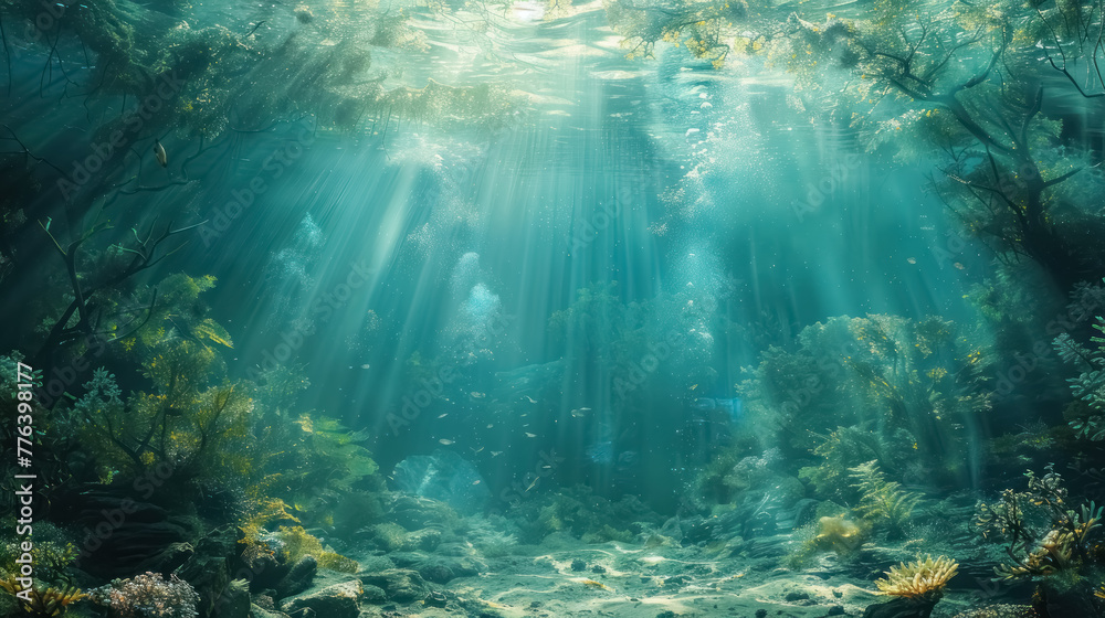 enchanting underwater forest scene with sunbeams illuminating the serene and mystical aquatic landscape - obrazy, fototapety, plakaty 