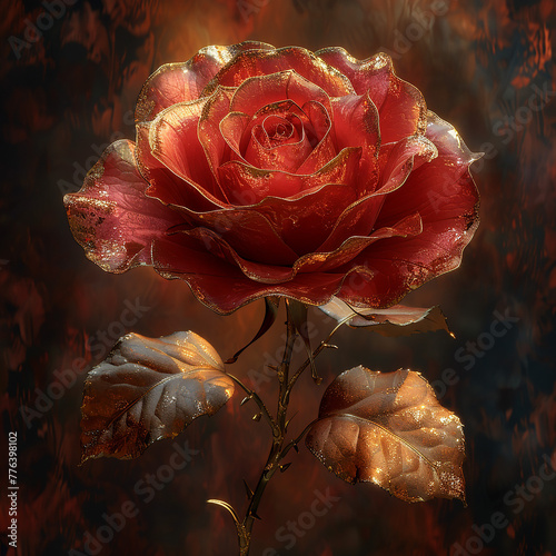 Generative AI red rose with golden ornaments