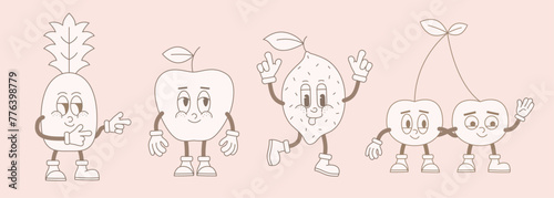 Groovy line beige cartoon fruits. Comic mascot of 60s and 70s funky comic cherry, lemon, pineapple, apple happy smile face, hands and feet