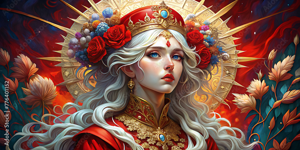 White-haired woman in red dress and gold-detailed hat, influenced by various artists and art styles.