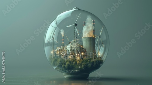 Nuclear power plant with solar panel and wind turbines in lightbulb isolated. Energy resources concept.