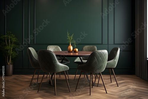 Scandinavian dining room interior in green colors with wooden table and chairs. House apartment design in a minimalist style © Vladimir