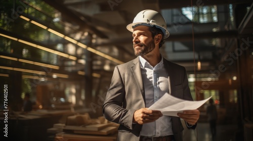 Architect in hardhat holding blueprint and smiling while standing in office