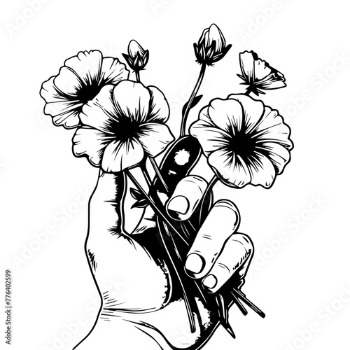 Hand Holding a Bouquet of Flowers Sketch Black Vector
