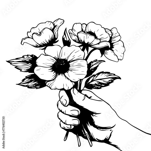 Hand Holding a Bouquet of Flowers Sketch Black Vector
