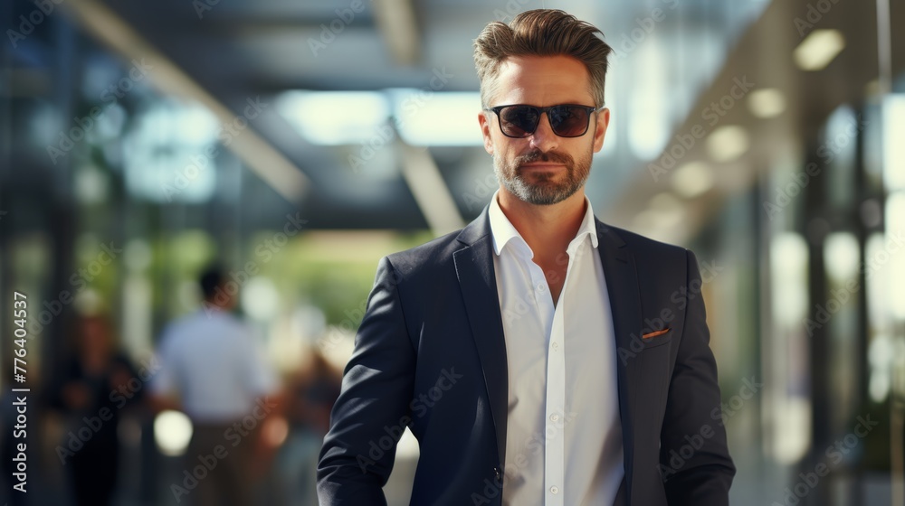 Handsome businessman in suit and sunglasses standing in office lobby Handsome businessman in suit and sunglasses standing in office lobby