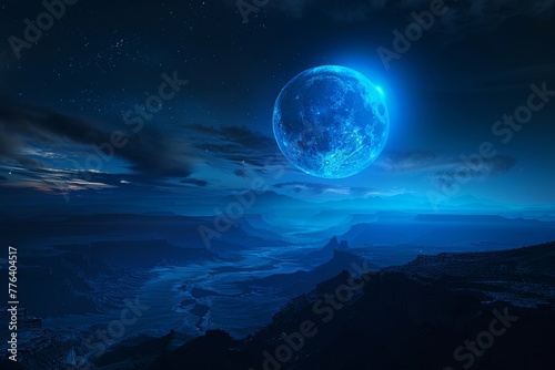 Amazing scenery of blue glowing moon in dark blue sky with clouds at night