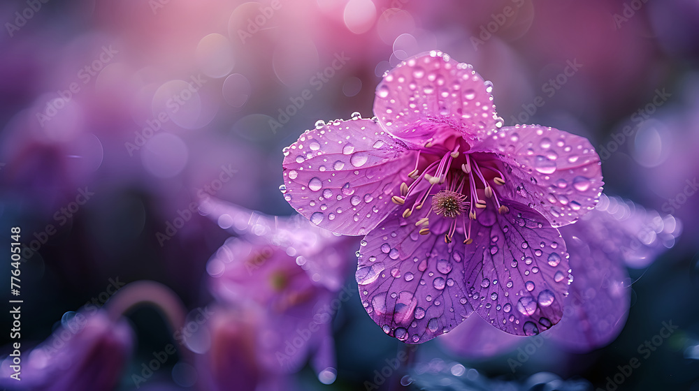 Beautiful bright lilac bell flower in drops of morning dew. Close-up water drops. Generative Ai Beautiful bright lilac bell flower in drops of morning dew. Close-up water drops. Generative Ai