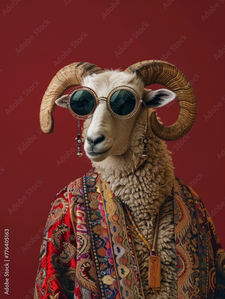 Portrait of a stylish ram in Arabic clothes and sunglasses on a single color background. Eid Al Adha Mubarak greeting card with sheep. Eid Al Adha concept background and copy space - generative ai