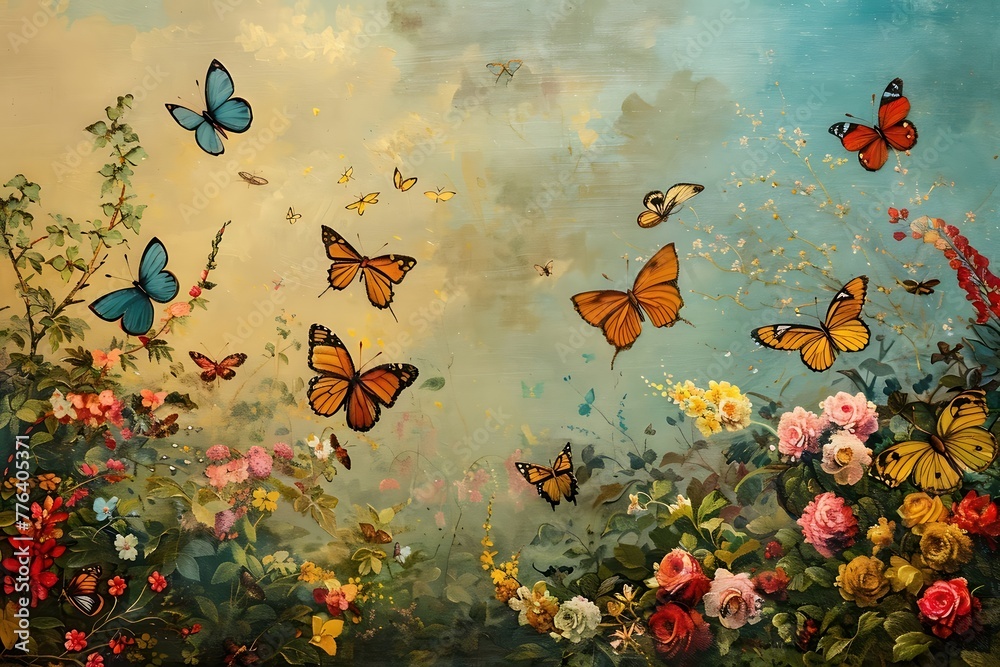 A watercolor painting of a field of flowers and butterflies flying over ...