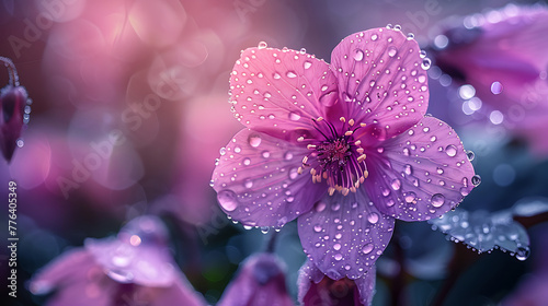 Beautiful bright lilac bell flower in drops of morning dew. Close-up water drops. Generative Ai