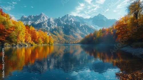 serenity of a mountain lake reflecting the colors of autumn foliage