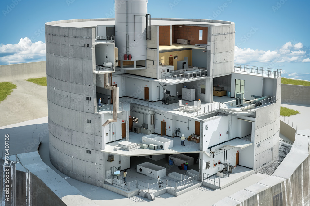 Cross-section model of a modern industrial facility showcasing interior ...