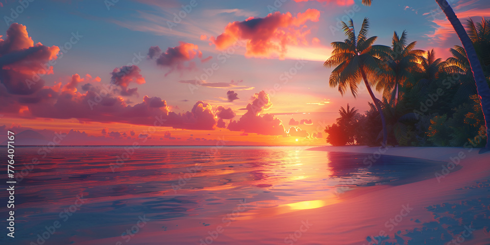 A sunset on the beach with palm trees and a sunset
 