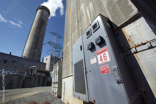 Industrial power equipment and control units at a substation on a sunny day