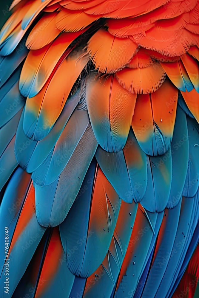 Fototapeta premium Extreme close-up of bird feathers, orange and gray hues in exquisite detail 🧡🕊️✨ Nature's beauty up close and personal! #FeatherDetail