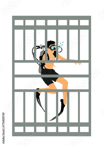 Diver man in diving cage observing sharks vector illustration isolated. Swimming expedition boy biology research. Science explorer against shark. Scary scene marine wildlife. Help ocean beach swimmers