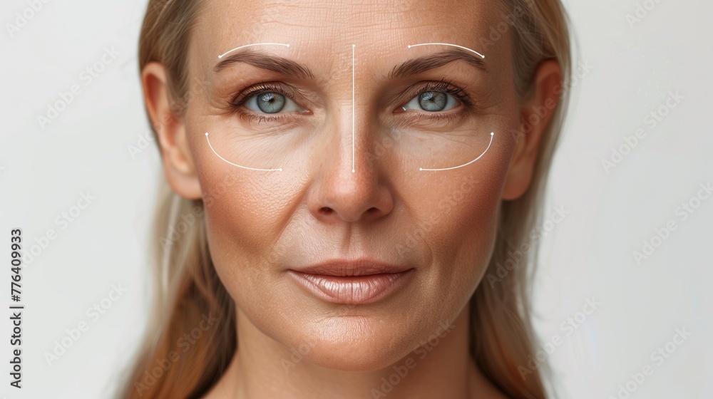 Closeup of womans face with drawn lines, blonde hair, and a subtle smile Closeup of womans face with drawn lines, blonde hair, and a subtle smile