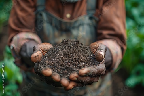 A proud farmer shows off a handful of rich, textured soil that signifies agricultural abundance