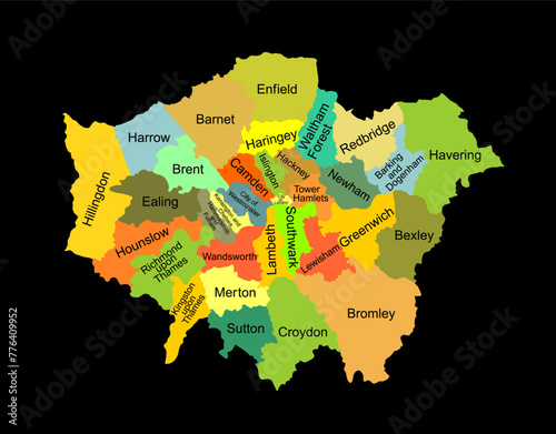 Greater London map vector silhouette illustration isolated on black background. London map of main town in United Kingdom, England country. London map shape shadow, UK.